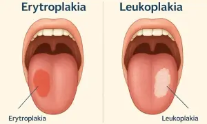 Obrazek pokazuje, jak wygląda rak jamy ustnej: erytroplakię (czerwona plama) i leukoplakię (biała plama) na języku.