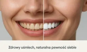 Porównanie uśmiechu: żółte zęby po paleniu vs. białe po wybielaniu. Zdrowy uśmiech, naturalna pewność siebie.