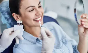 Uśmiechnięta kobieta porównuje odcień zębów z wzornikiem podczas zabiegu wybielania zębów u dentysty.