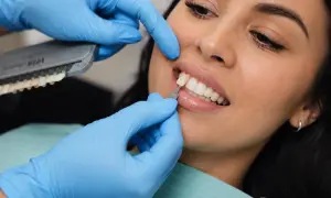 Dobór idealnego odcienia pasty do licówek kompozytowych. Dentysta porównuje kolor zębów pacjentki z wzornikiem.