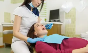 Dentystka bada zęby ciężarnej pacjentki. Bezpieczne wybielanie zębów w ciąży jest możliwe po konsultacji.