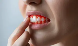Kobieta dotyka palcem opuchniętych, krwawiących dziąseł. Szuka domowych sposobów na opuchnięte dziąsła.