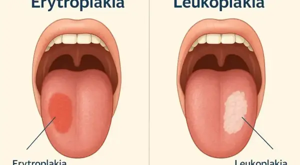 Obrazek pokazuje, jak wygląda rak jamy ustnej: erytroplakię (czerwona plama) i leukoplakię (biała plama) na języku.