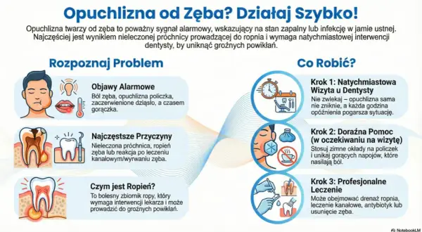 Zimny okład po wyrwaniu zęba łagodzi opuchliznę. Obraz pokazuje objawy, przyczyny i sposoby leczenia opuchlizny od zęba.