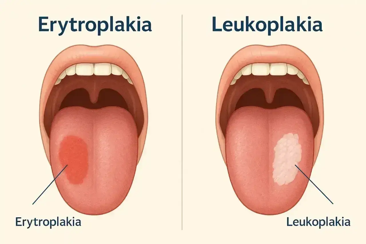 Obrazek pokazuje, jak wygląda rak jamy ustnej: erytroplakię (czerwona plama) i leukoplakię (biała plama) na języku.