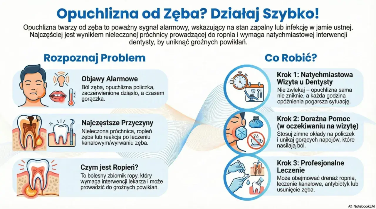 Zimny okład po wyrwaniu zęba łagodzi opuchliznę. Obraz pokazuje objawy, przyczyny i sposoby leczenia opuchlizny od zęba.