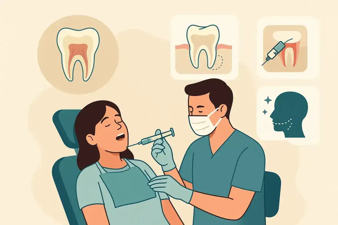 Dentysta podaje znieczulenie. Zastanawiasz się, ile trzyma znieczulenie u dentysty? Obok ikony zęba i zastrzyku, symbol uśmiechniętej twarzy sugeruje ulgę po zabiegu.