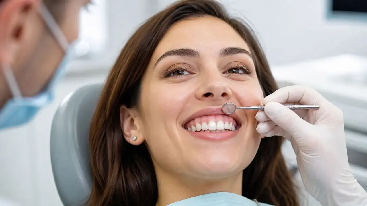 Uśmiechnięta pacjentka podczas zabiegu resekcji dziąsła. Dentysta w masce bada jej zęby lusterkiem.