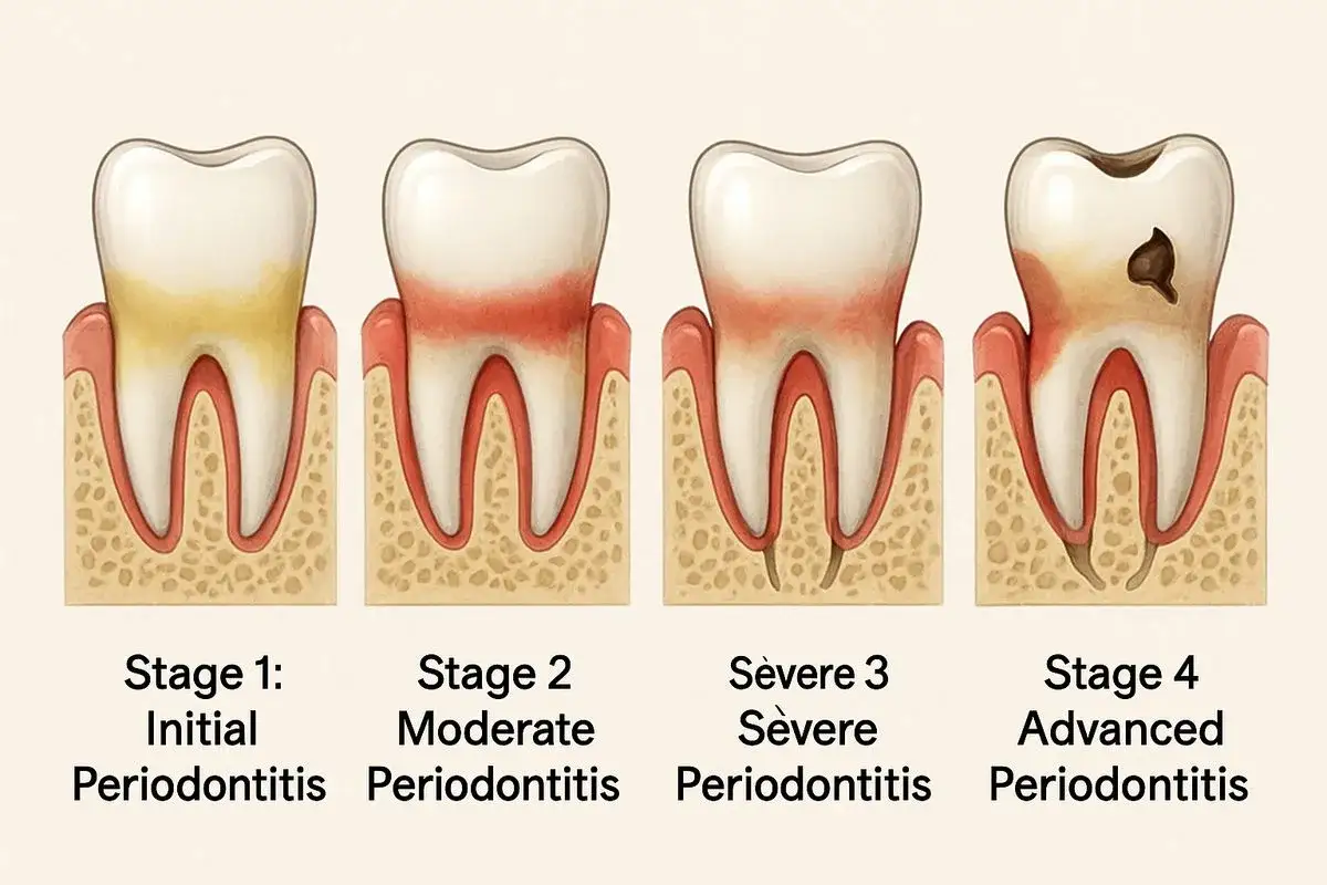 Ilustracja pokazuje cztery etapy rozwoju choroby przyzębia, czyli periodontologii. Od początkowego zapalenia dziąseł do zaawansowanego zaniku kości.