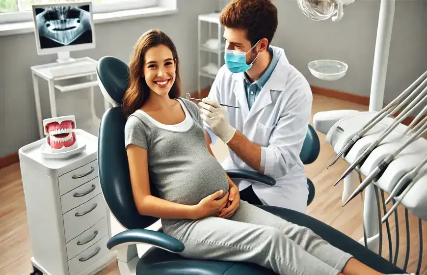 kobieta w ciąży u dentysty rentgen z fartuchem ołowianym