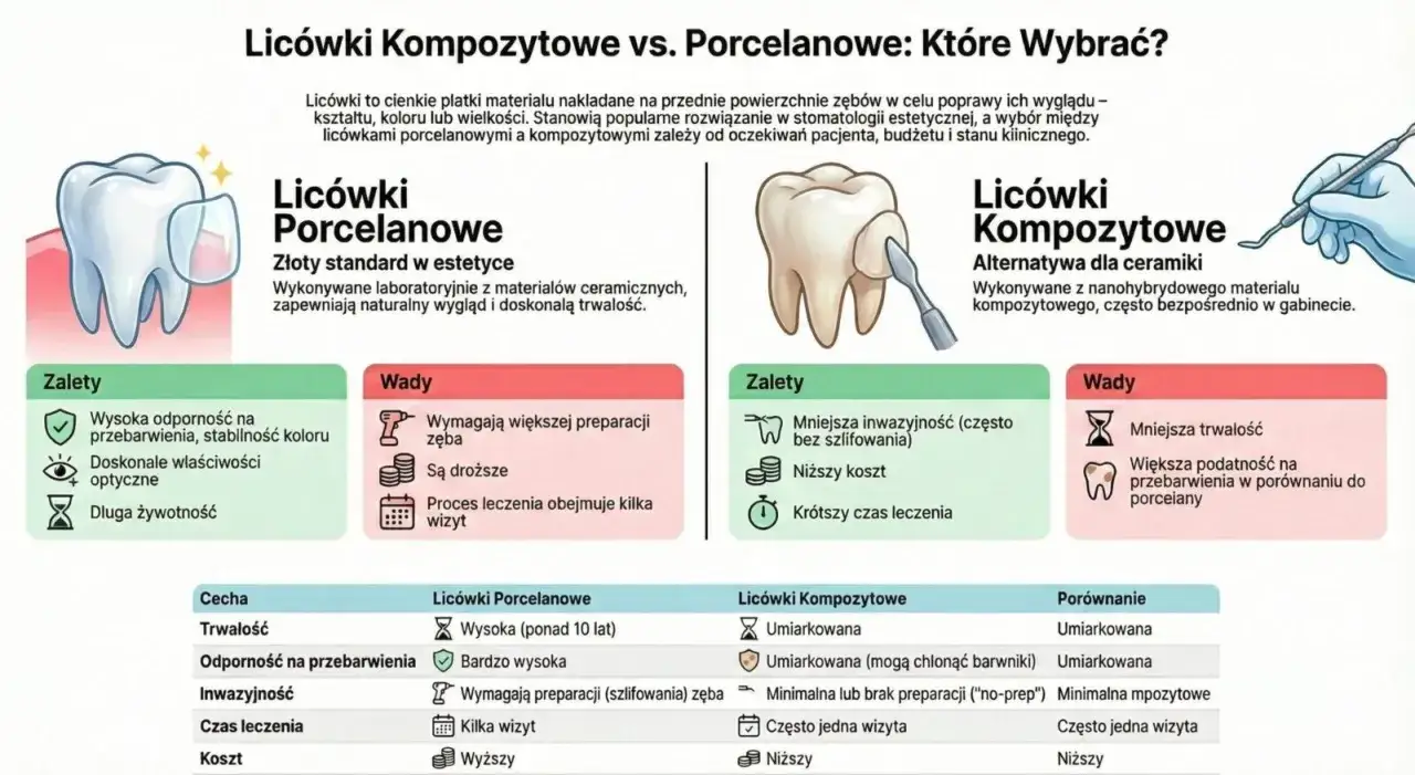 Porównanie licówek porcelanowych i kompozytowych: zalety, wady i porównanie cech. Unikaj powikłania po licówkach, wybierając odpowiednie rozwiązanie.