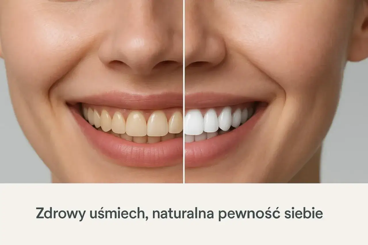 Uśmiech przed i po zastosowaniu licówek: zęby żółte i przebarwione po lewej, idealnie białe i proste po prawej.
