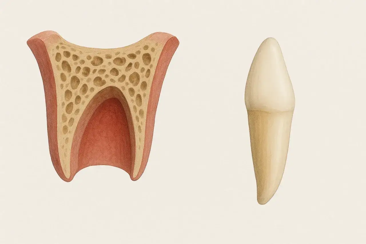 Przekrój kości szczęki z zębodołem i wyjęty ząb, ilustracja do tematu reimplantacja zęba.