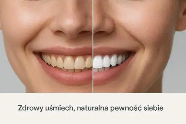 Porównanie uśmiechu: zęby przed i po bezpiecznym wybielaniu zębów. Białe, zdrowe zęby dodają pewności siebie.