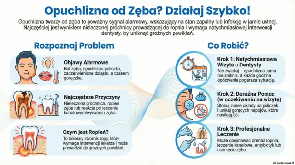 Zimny okład po wyrwaniu zęba łagodzi opuchliznę. Obraz pokazuje objawy, przyczyny i sposoby leczenia opuchlizny od zęba.